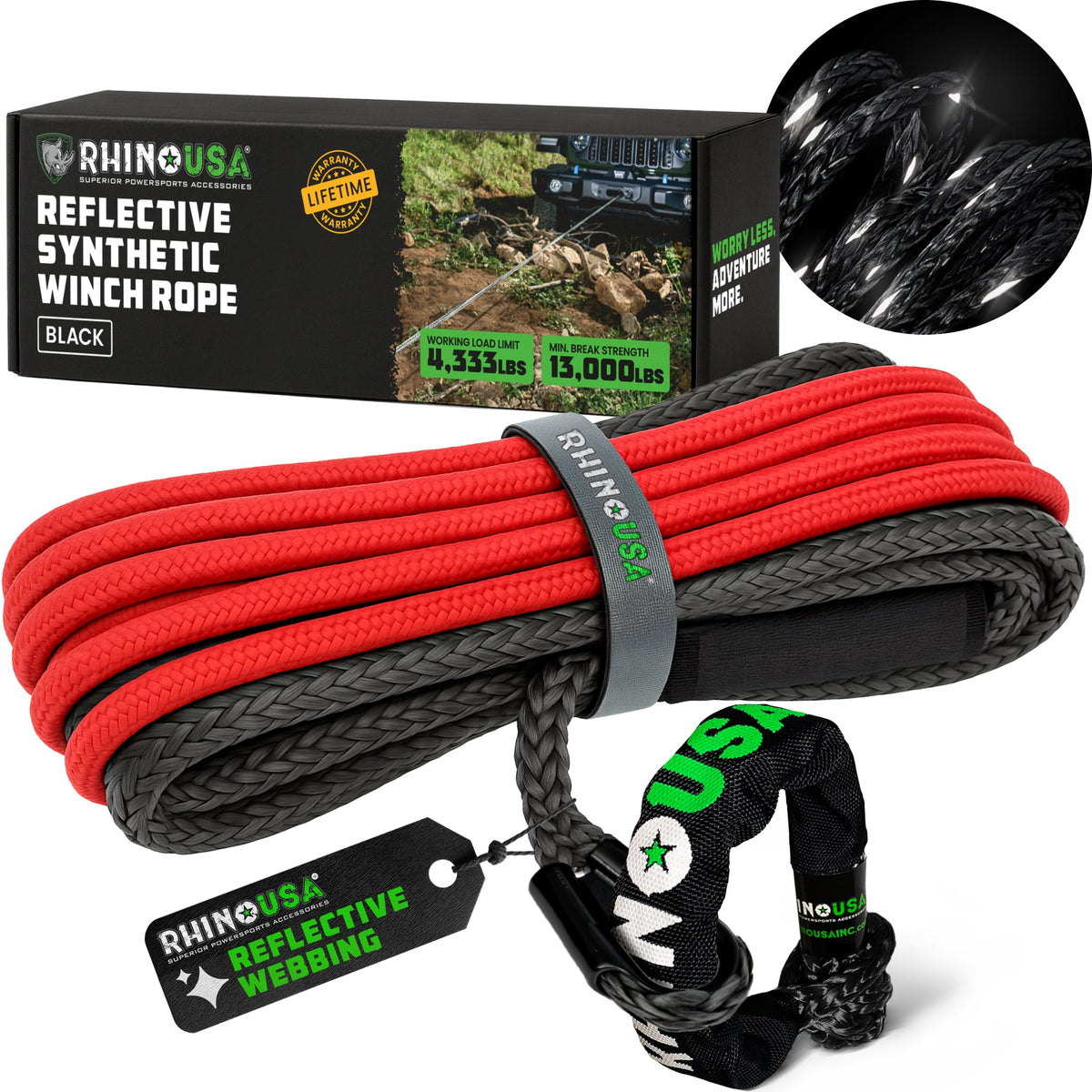 Rhino USA Reflective Synthetic Winch Rope 3/8In X 94Ft - Black