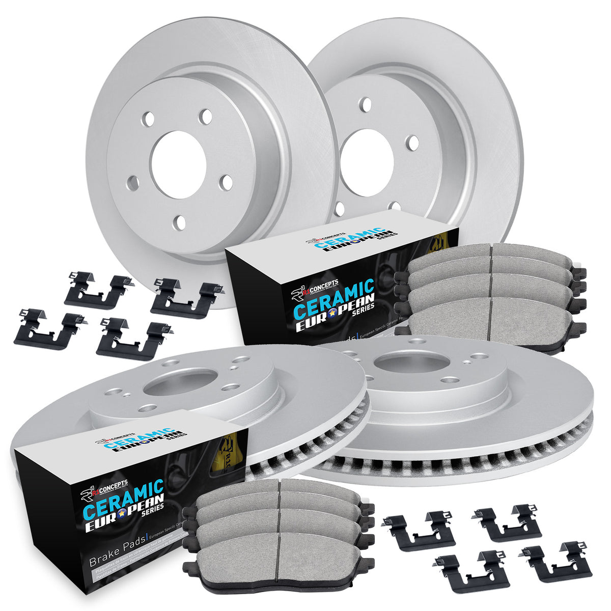 R1 12-19 Volkswagen Jetta Front & Rear Carbon Coated Rotor Set w/Euro Ceramic Pads