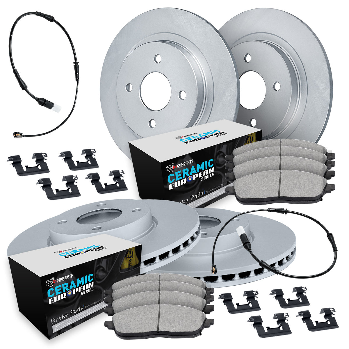 R1 11-14 Mini Cooper Front & Rear Carbon Coated Brake Rotor Set w/Euro Ceramic Pads