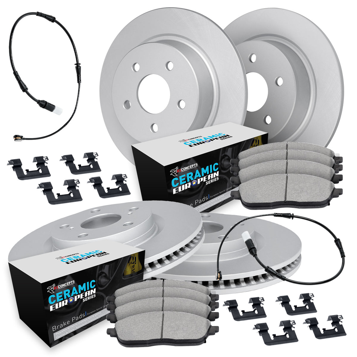 R1 14-21 Mini Cooper Front & Rear Carbon Coated Brake Rotor Set w/Euro Ceramic Pads