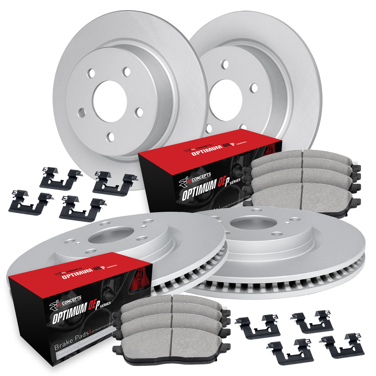 R1 20-24 Toyota Prius Prime Front & Rear Carbon Coated Rotor Set w/Optimum Pads