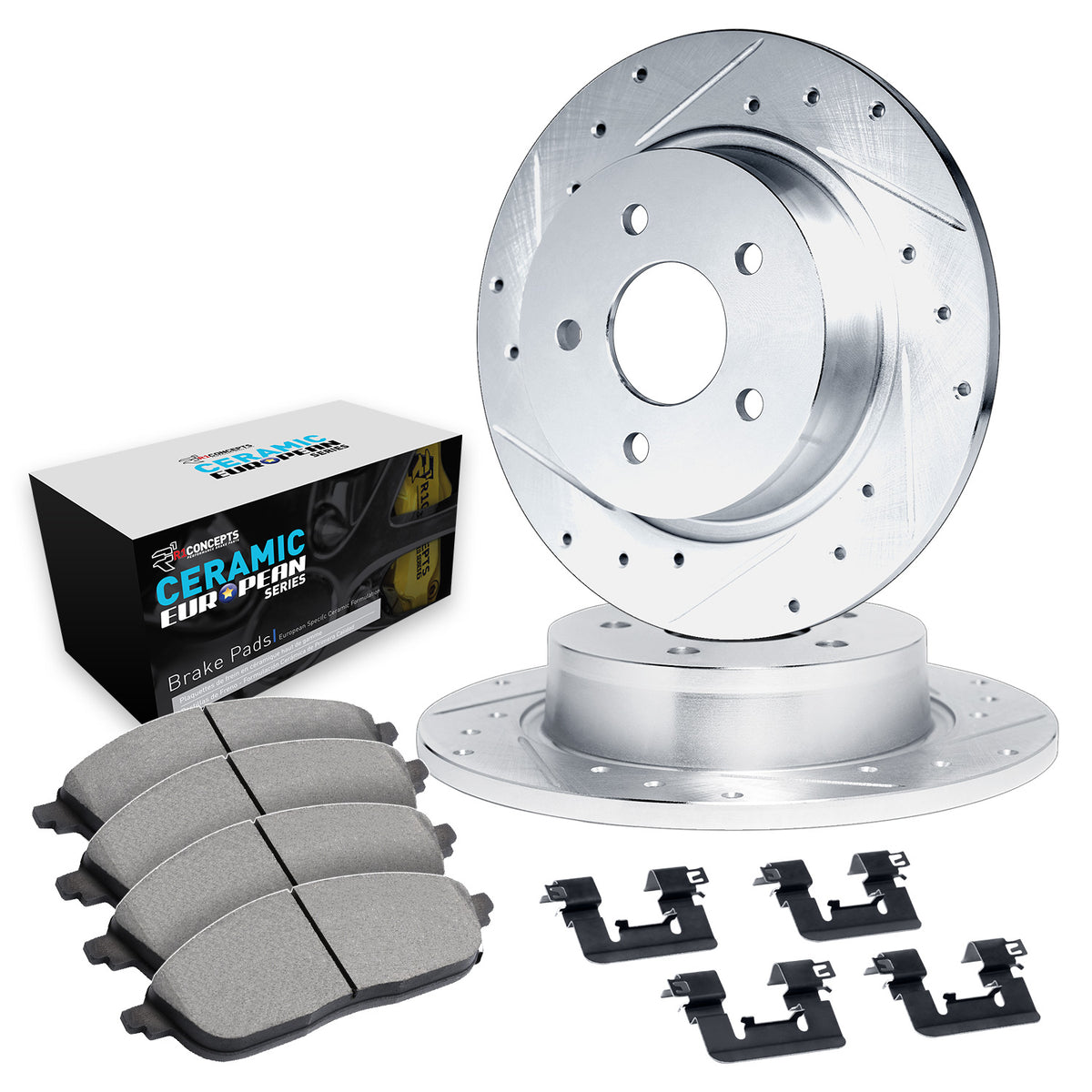 R1 20-22 Jaguar E-Pace Rear Drill/Slot Silver Rotors w/Euro Ceramic Pads
