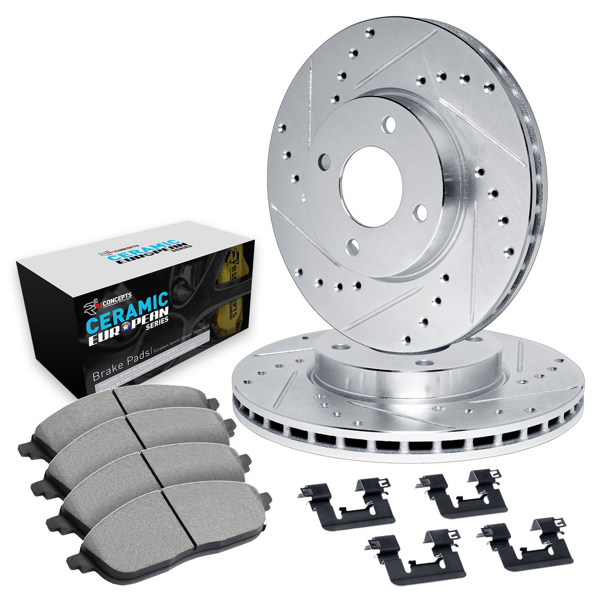 R1 07-15 Mini Cooper Front Drilled & Slotted Silver Brake Rotor Set w/Euro Ceramic Pads and Hardware