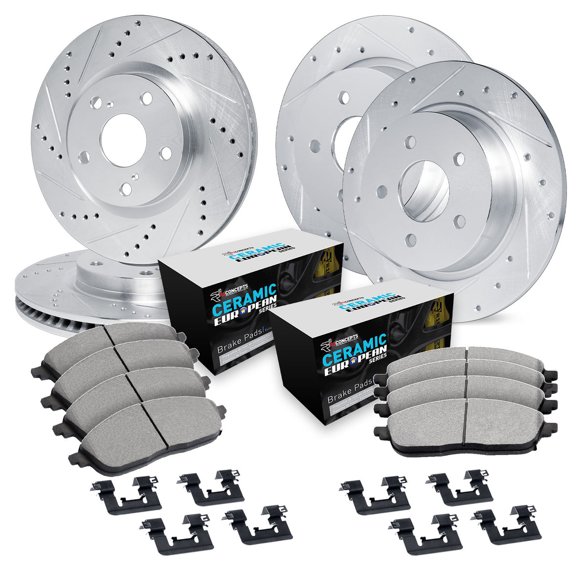 R1 09-18 Audi Q3 Front & Rear Drill/Slot Silver Rotors w/Euro Ceramic Pads