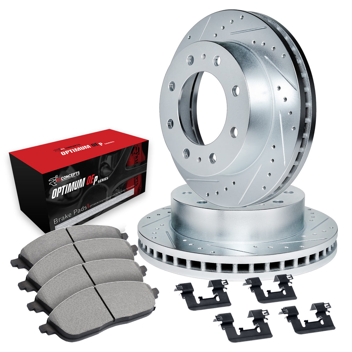 R1 09-18 Dodge Ram 3500 Front Drill/Slot Silver Rotors w/Optimum Pads