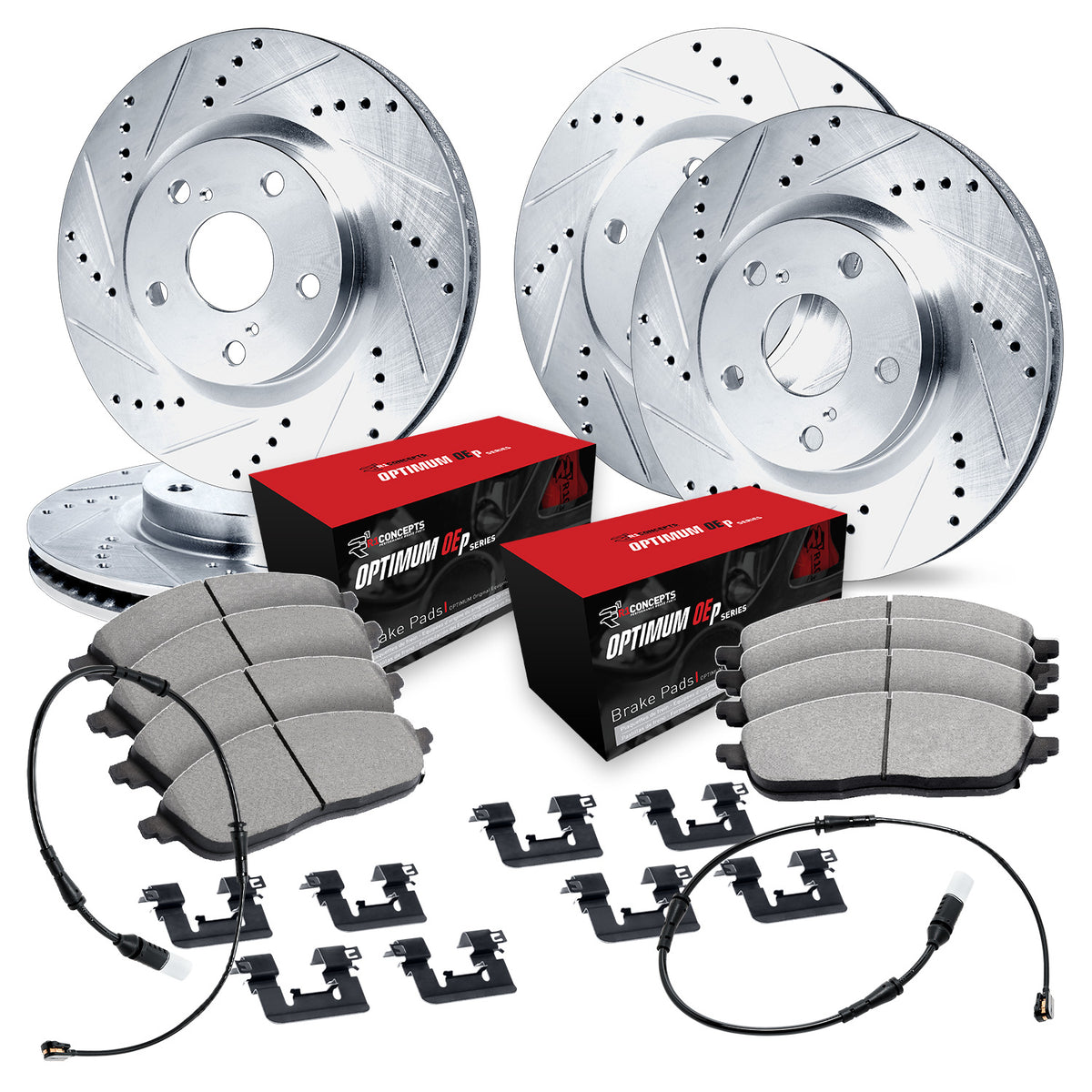 R1 10-17 Lexus LS460 Front & Rear Drilled & Slotted Silver Brake Rotor Set w/Optimum Pads