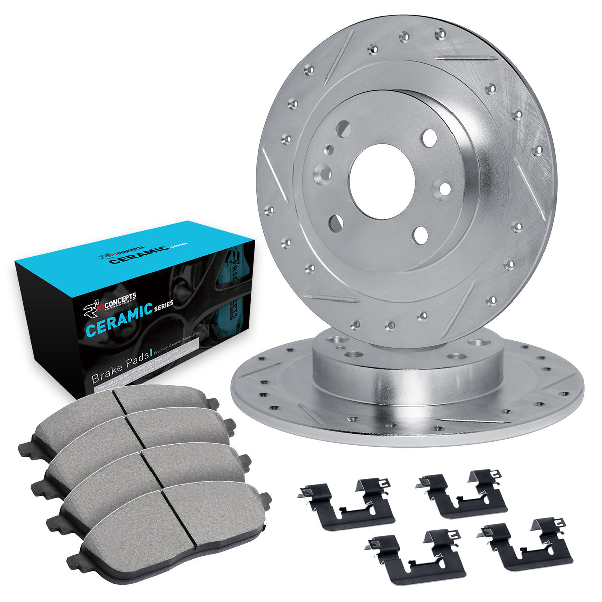 R1 69-76 BMW 1600 Front Drilled & Slotted Silver Brake Rotor Set w/Ceramic Pads and Hardware