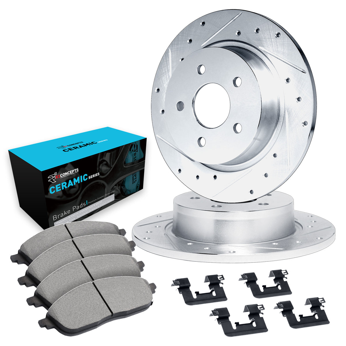 R1 95-03 Chrysler PT Cruiser Rear Drill/Slot Silver Rotors w/Ceramic Pads