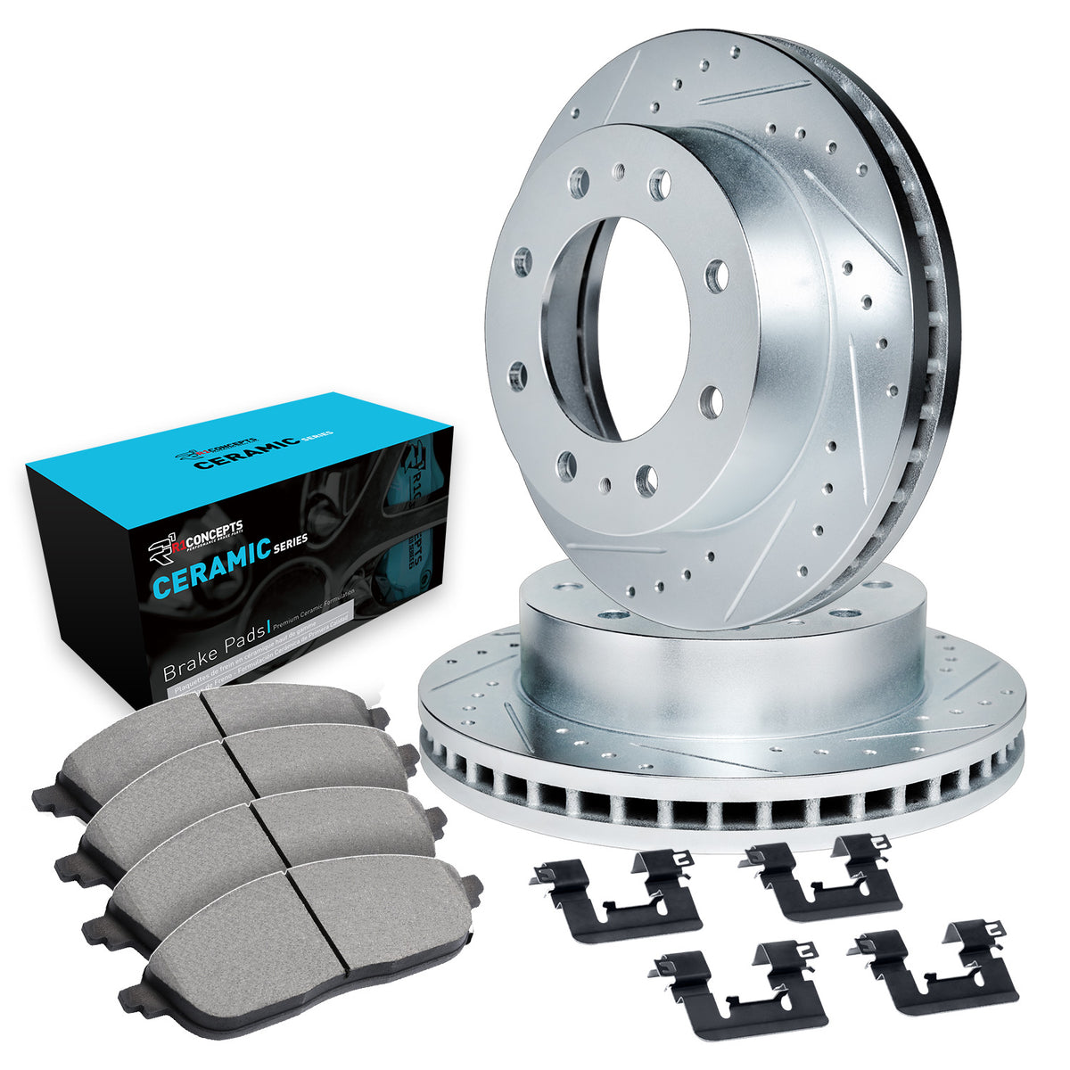 R1 01-20 Chevy Silverado 2500 HD Classic Front Drill/Slot Silver Rotors w/Ceramic Pads