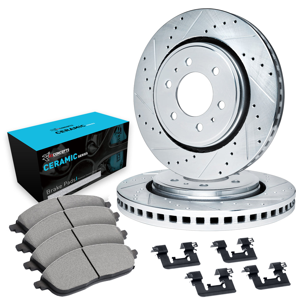 R1 86-96 Dodge Ram 50 Front Drilled & Slotted Silver Brake Rotor Set w/Ceramic Pads and Hardware