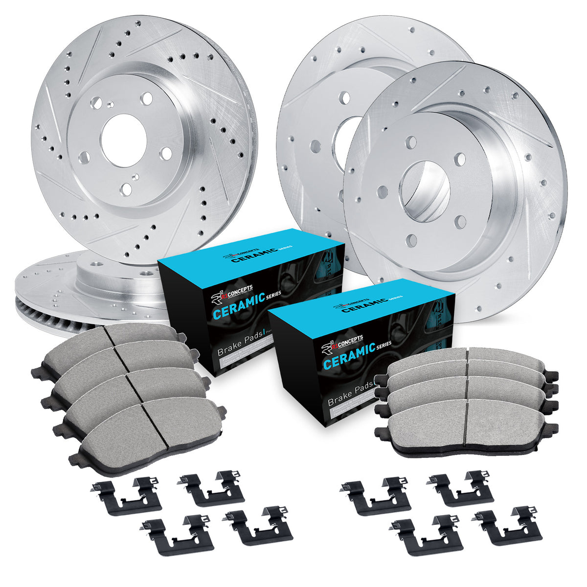 R1 18-20 Genesis G80 Front & Rear Drill/Slot Silver Rotors w/Ceramic Pads