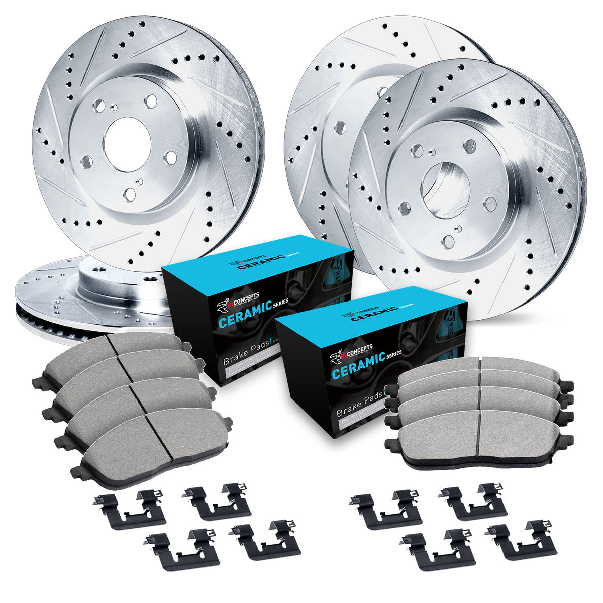R1 17-20 Genesis G90 Front & Rear Drill/Slot Silver Rotors w/Ceramic Pads