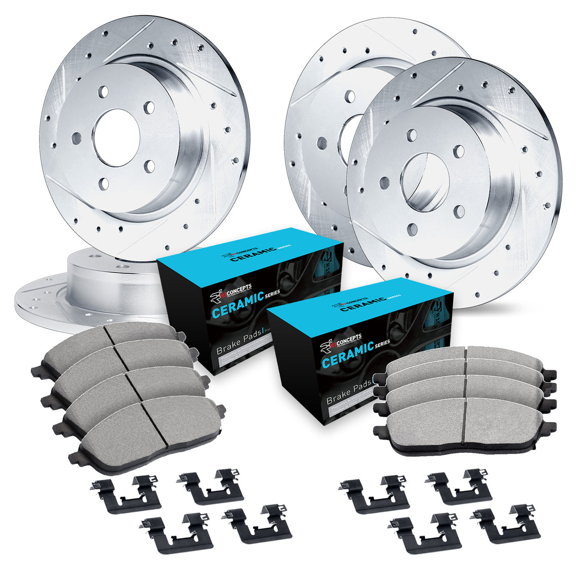 R1 96-98 BMW Z3 Front & Rear Drilled & Slotted Silver Brake Rotor Set w/Ceramic Pads and Hardware