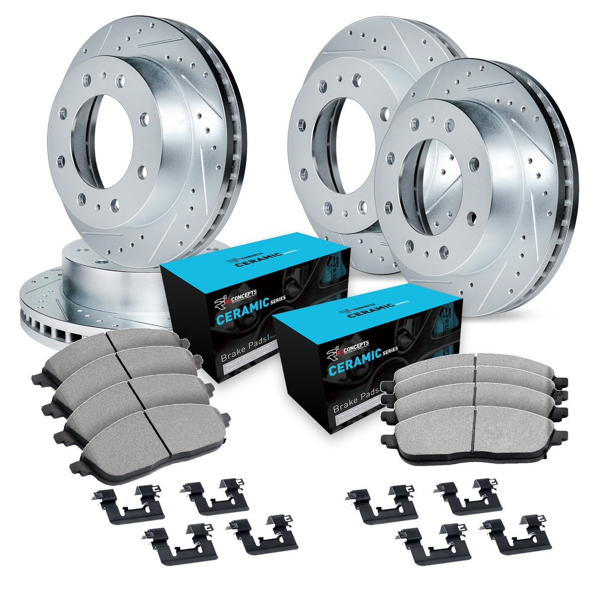 R1 03-08 Dodge Ram 3500 Front & Rear Drill/Slot Silver Rotors w/Ceramic Pads