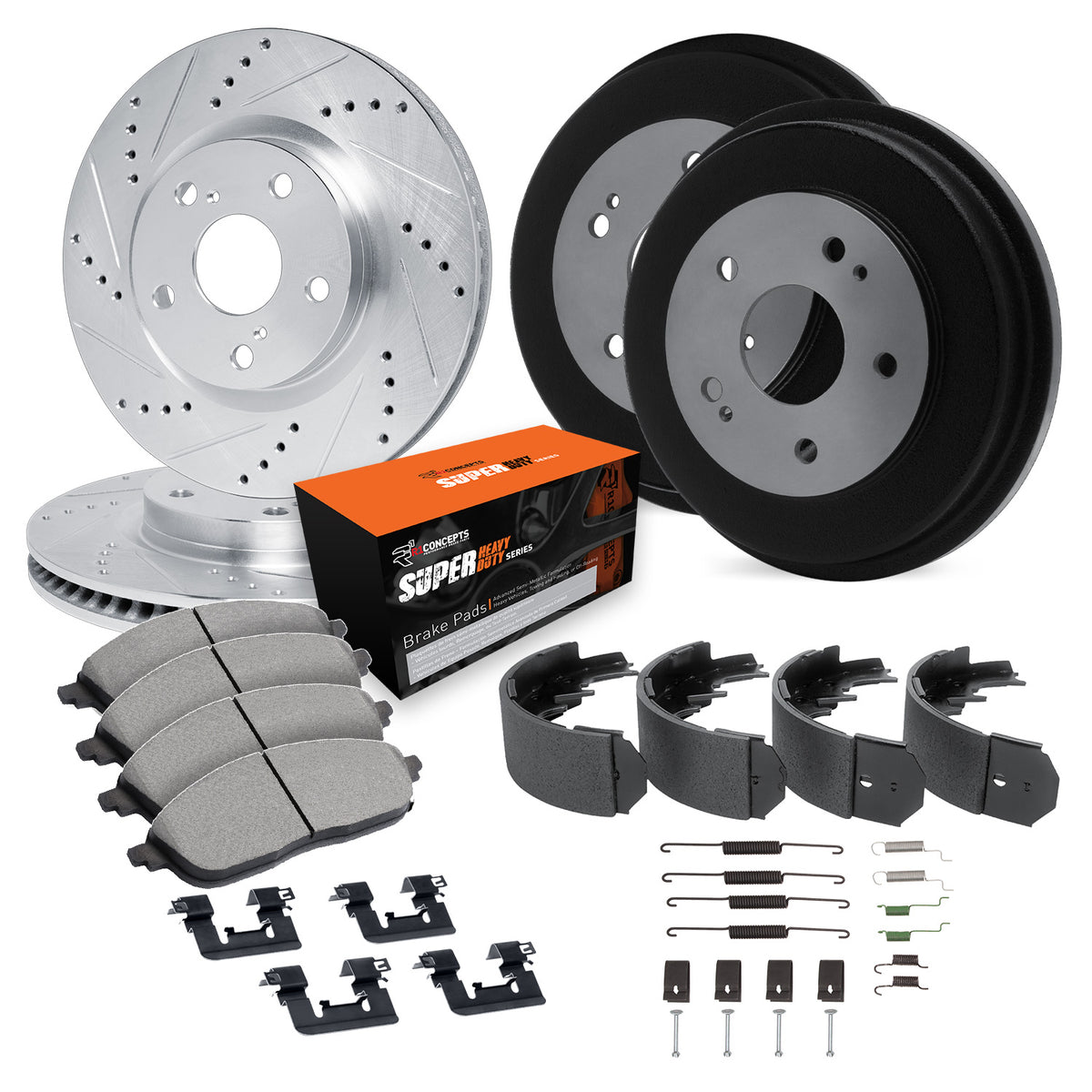 R1 90-99 Jeep Cherokee Front & Rear Drill/Slot Silver Rotor/Drum w/Super Duty Pads