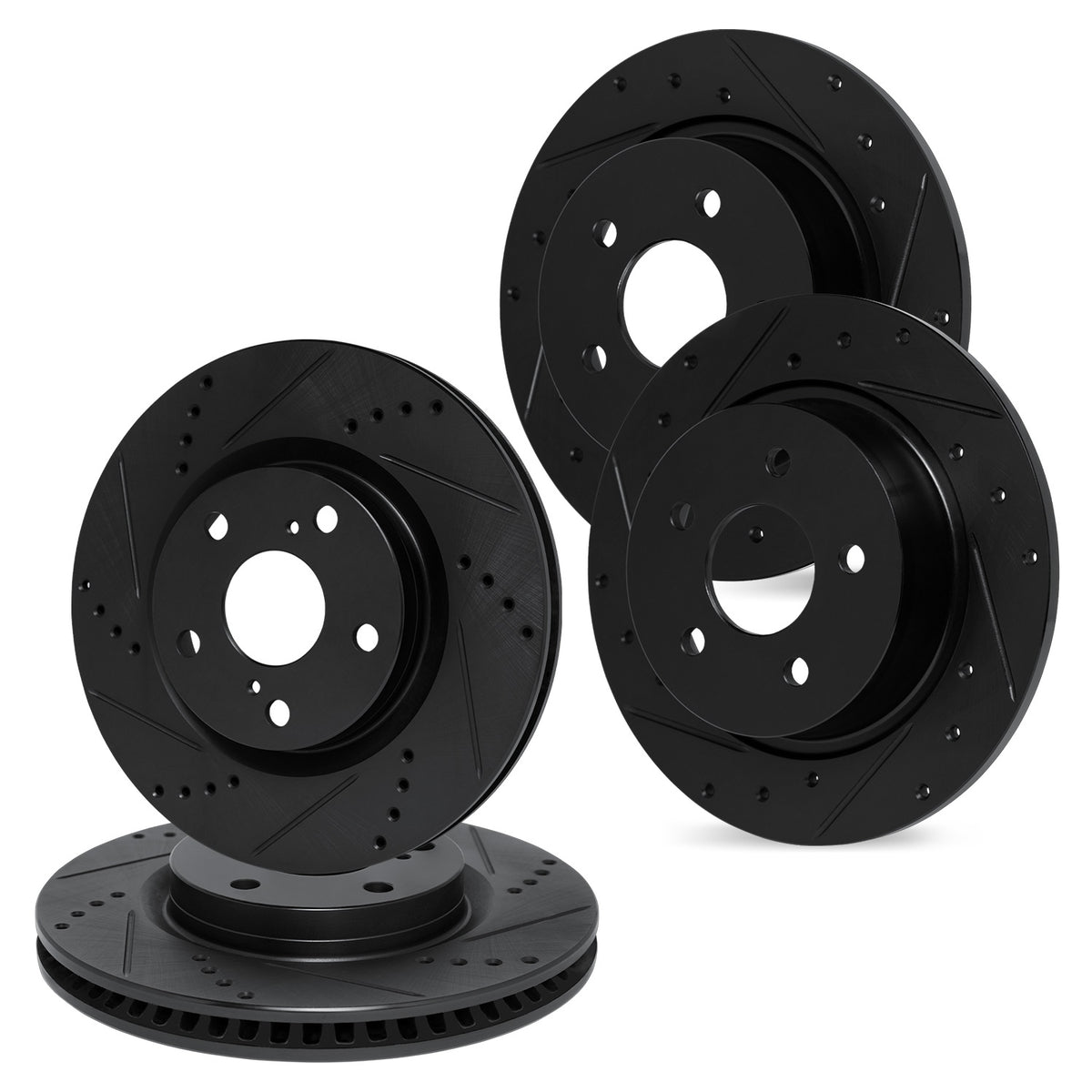 R1 15-23 Ford Mustang Front & Rear Drilled & Slotted Black Brake Rotor Set