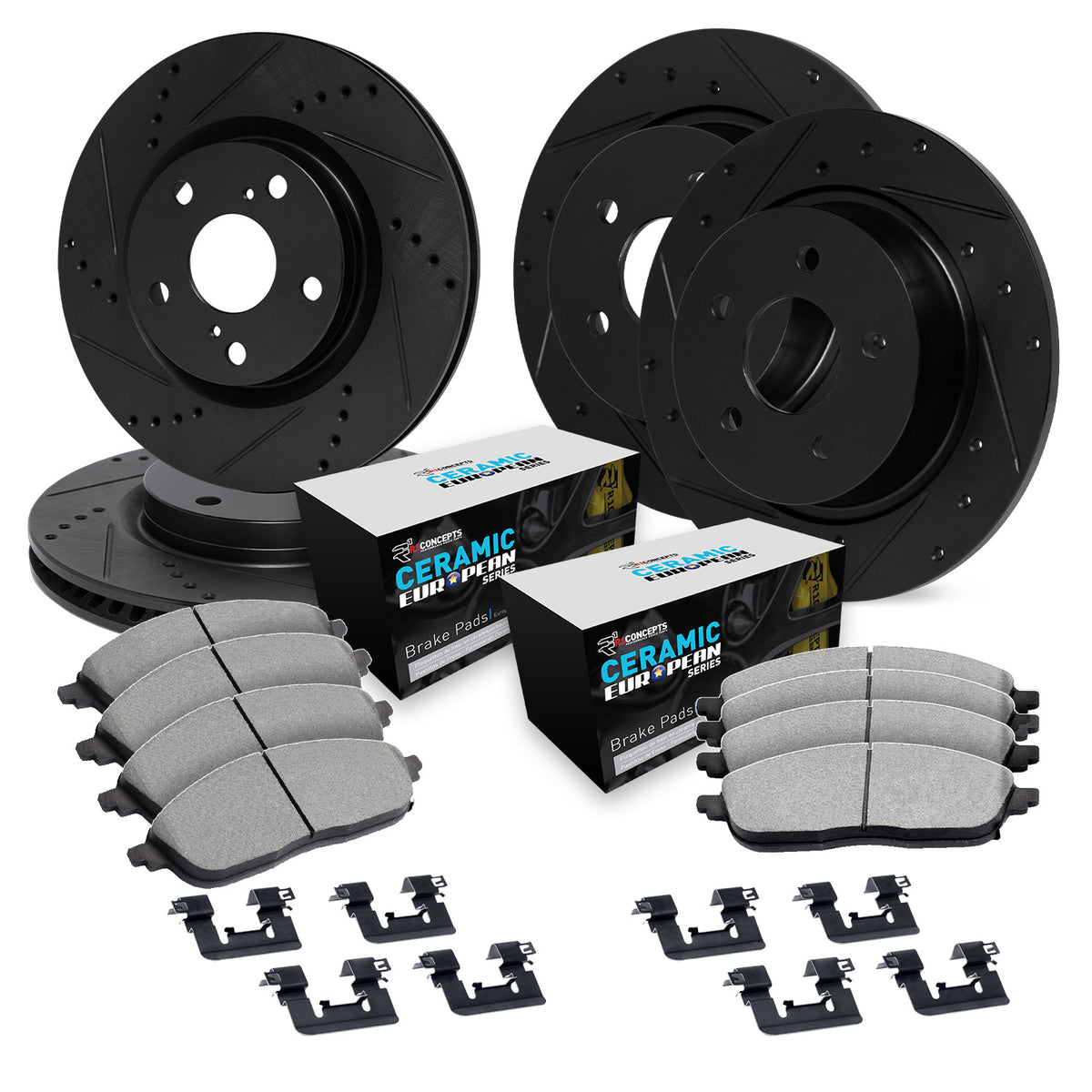 R1 15-19 Jaguar E-Pace Front & Rear Drill/Slot Black Rotors w/Euro Ceramic Pads
