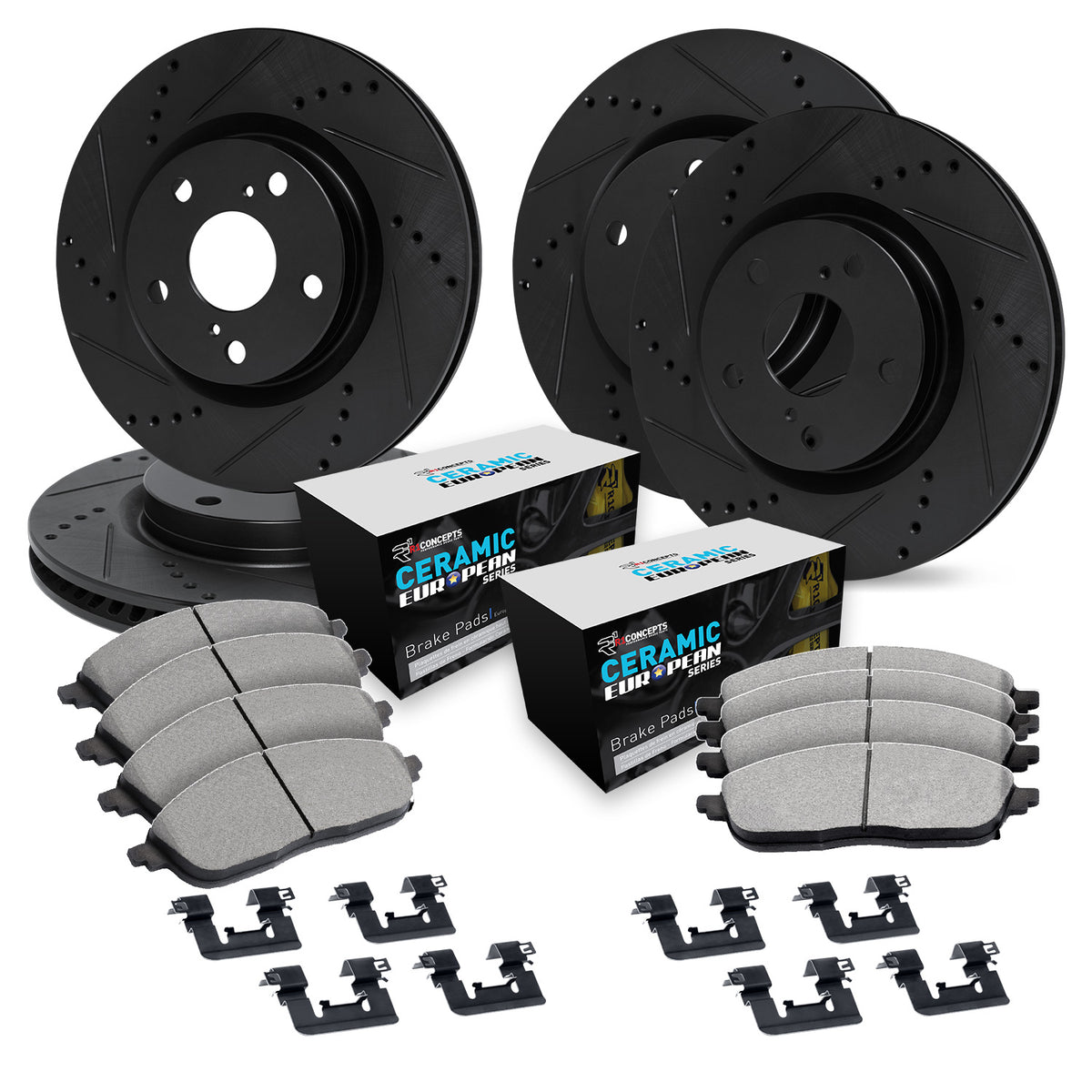 R1 05-23 Chrysler 300 Front & Rear Drill/Slot Black Rotors w/Euro Ceramic Pads