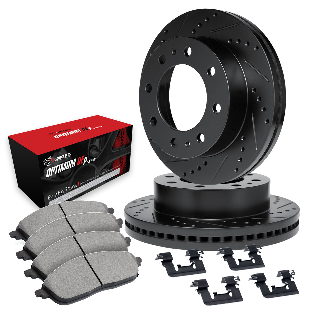 R1 11-19 Chevy Silverado 3500 HD Front Drill/Slot Black Rotors w/Optimum Pads