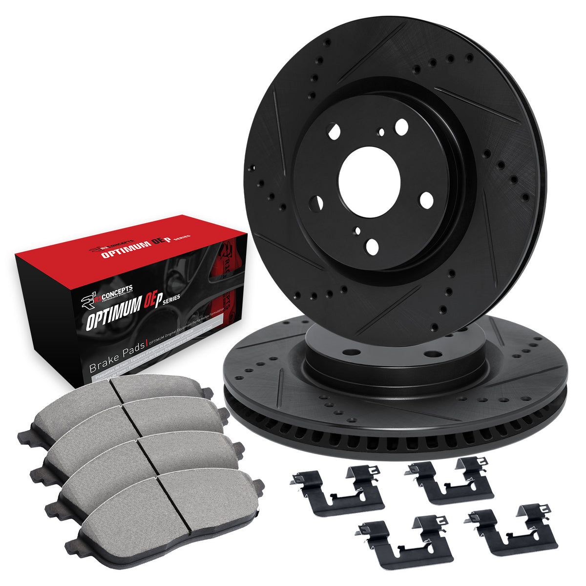 R1 00-12 Chrysler Sebring Front Drill/Slot Black Rotors w/Optimum Pads