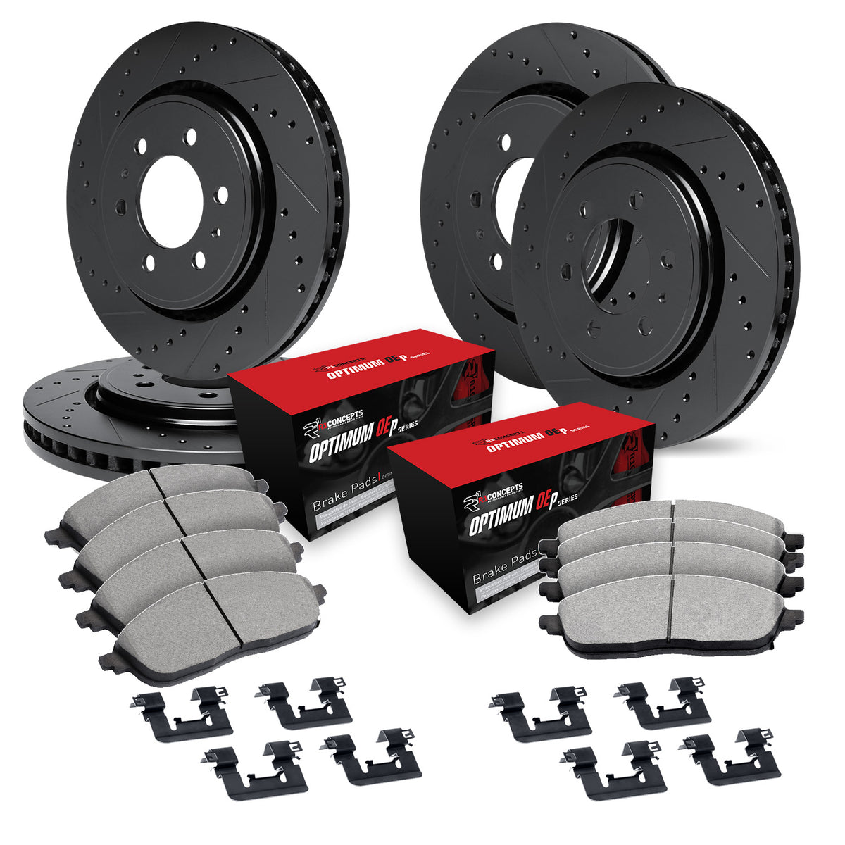 R1 07-17 Buick Enclave Front & Rear Drill/Slot Black Rotors w/Optimum Pads