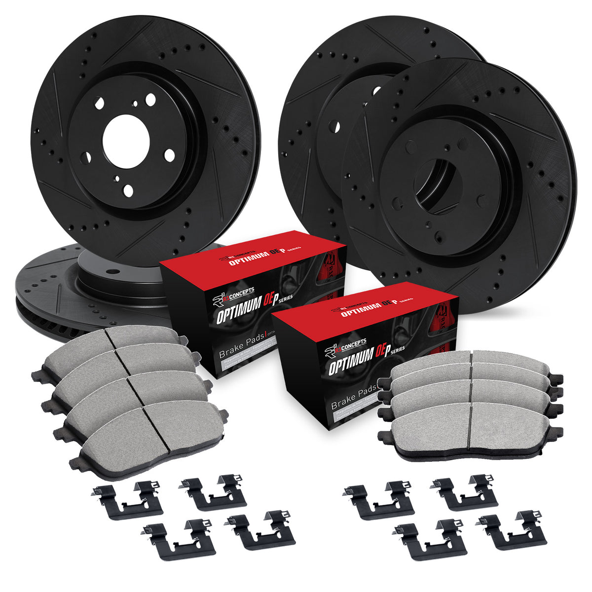 R1 89-90 Ford Thunderbird Front & Rear Drill/Slot Black Rotors w/Optimum Pads