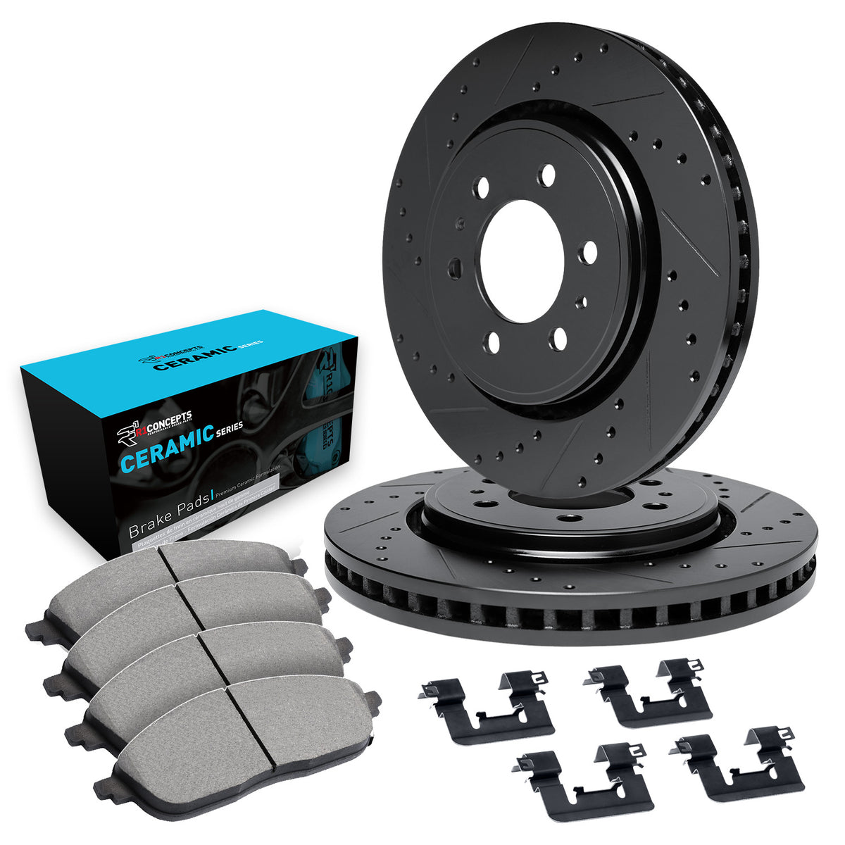 R1 99-08 Cadillac Escalade Front Drilled & Slotted Black Brake Rotor Set w/Ceramic Pads and Hardware