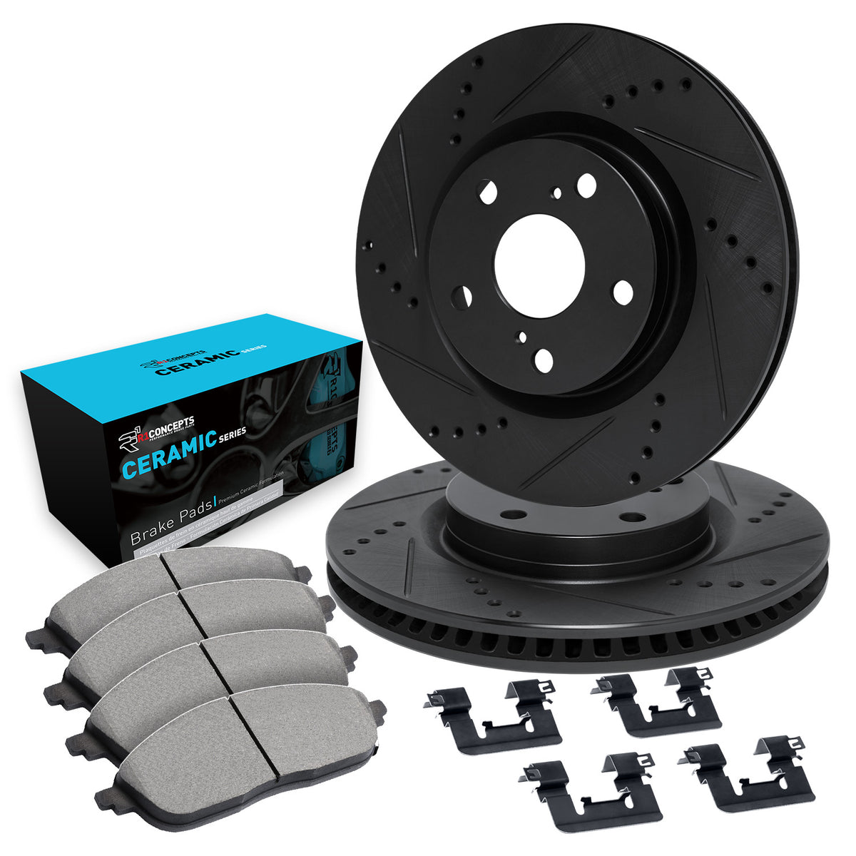 R1 76-85 Ford Bronco Front Drilled & Slotted Black Brake Rotor Set w/Ceramic Pads and Hardware
