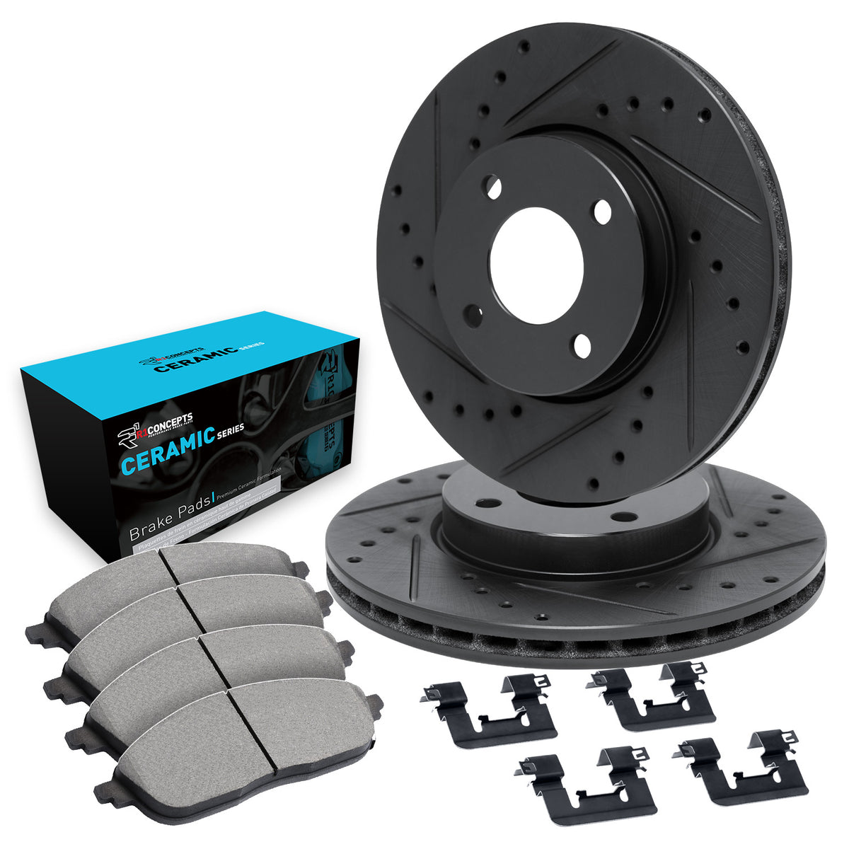 R1 16-25 Mazda 2 Front Drilled & Slotted Black Brake Rotor Set w/Ceramic Pads and Hardware