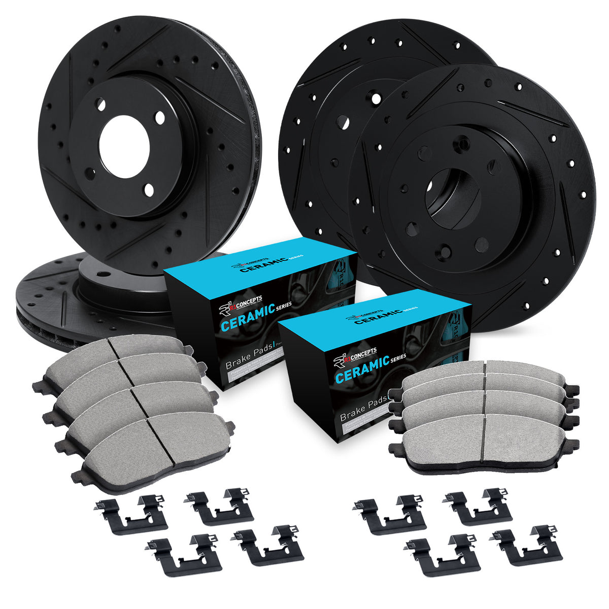 R1 94-02 Mazda Miata Front & Rear Drill/Slot Black Rotors w/Ceramic Pads