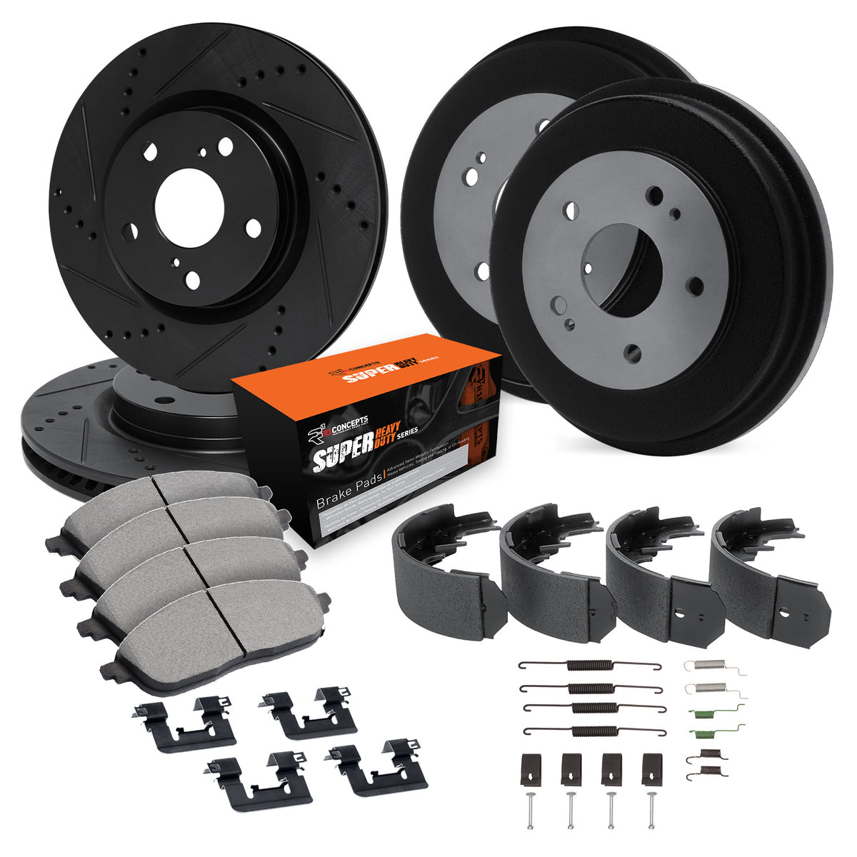 R1 90-99 Jeep Cherokee Front & Rear Drill/Slot Black Rotor/Drum w/Super Duty Pads