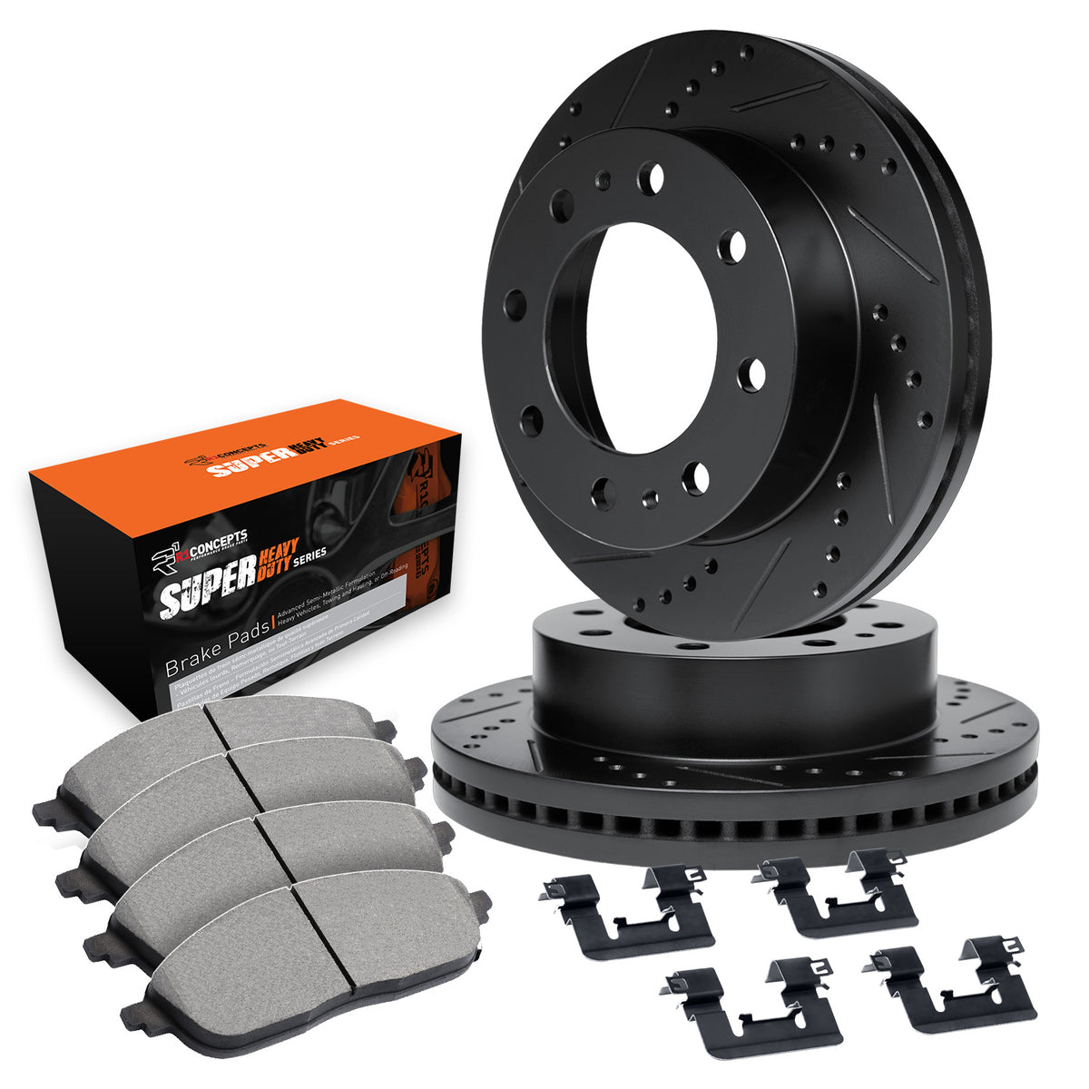 R1 80-93 Dodge RD200 Front Drilled & Slotted Black Brake Rotor Set w/Super Duty Pads and Hardware