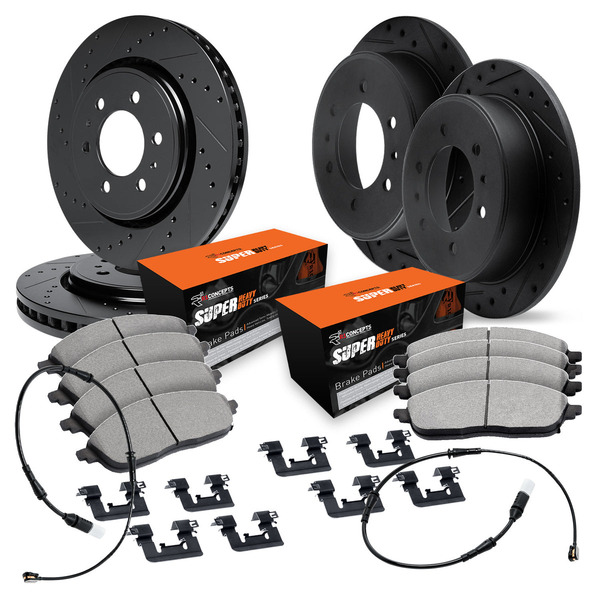 R1 07-18 Dodge Sprinter 2500 Front & Rear Drilled & Slotted Black Brake Rotor Set w/Super Duty Pads