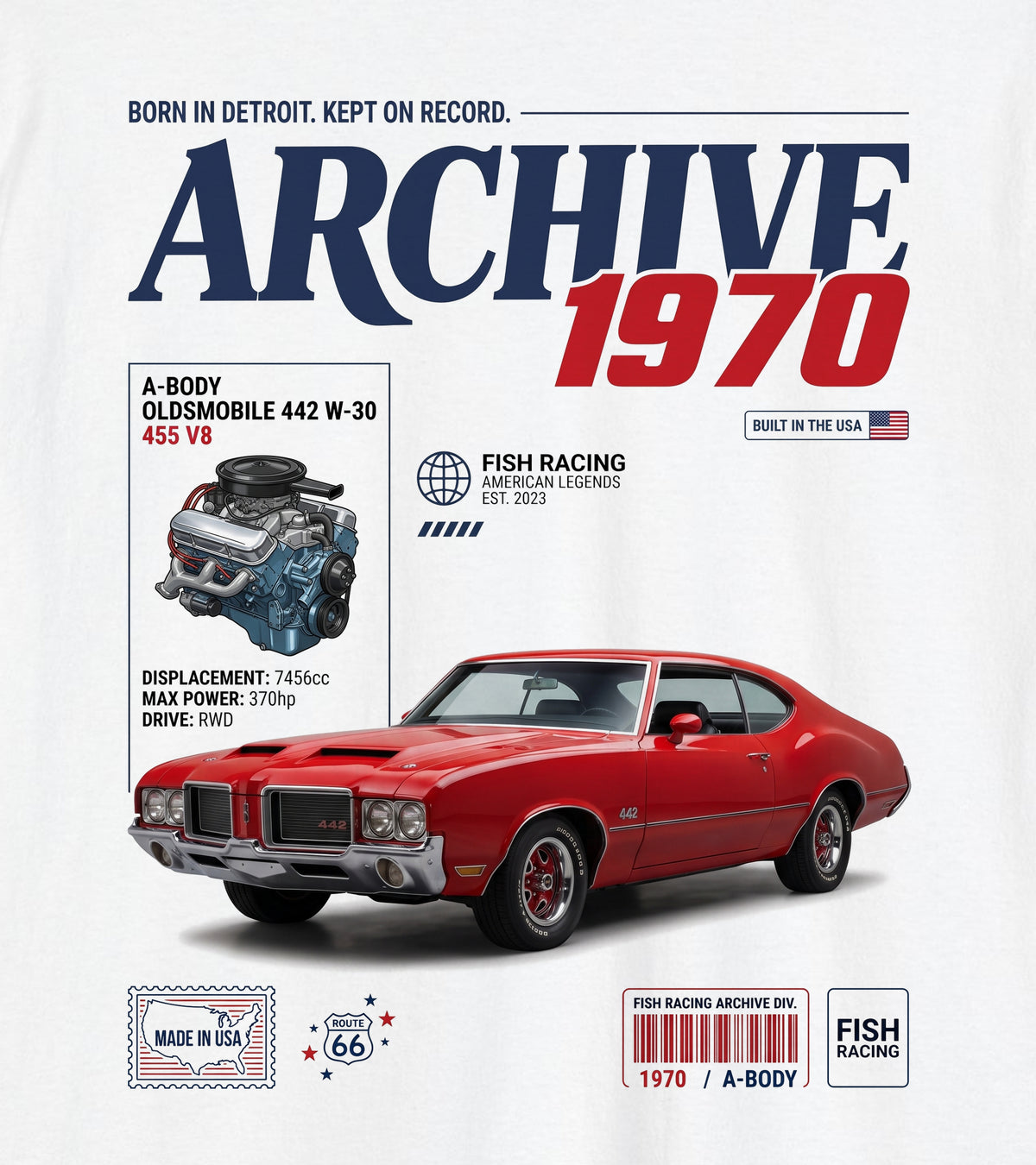 1970 Oldsmobile 442 W-30 Archive Tee - back design