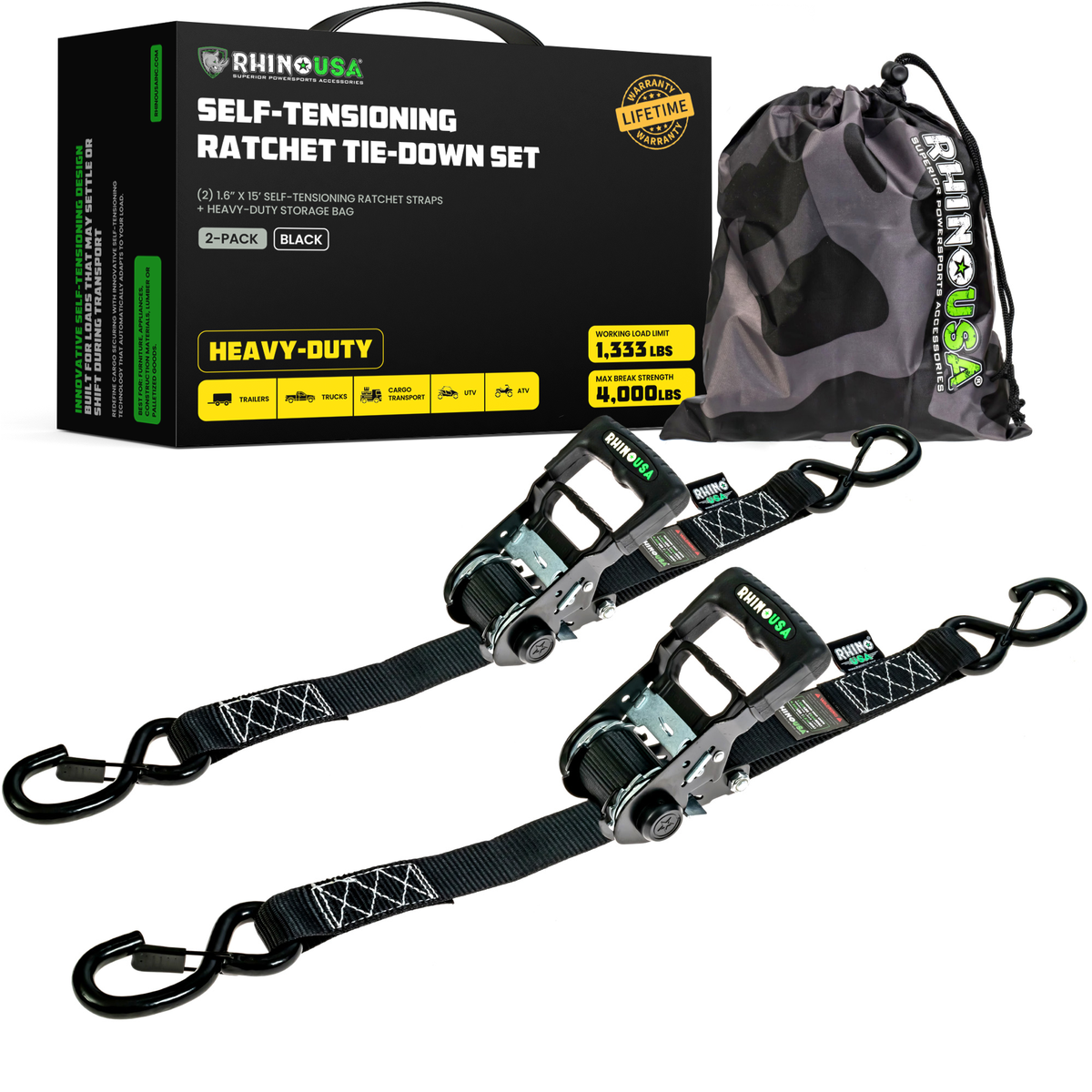 Rhino USA Self-Tensioning Ratchet Straps (2Pk 1.6Inx15Ft) (Black)