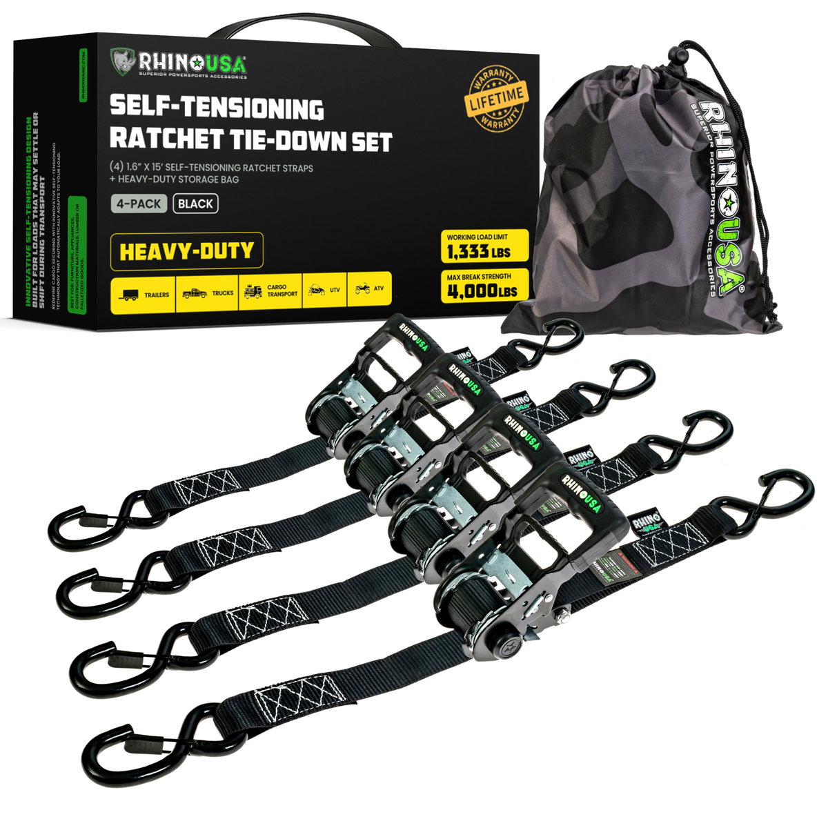 Rhino USA Self-Tensioning Ratchet Straps (4Pk 1.6Inx15Ft) (Black)