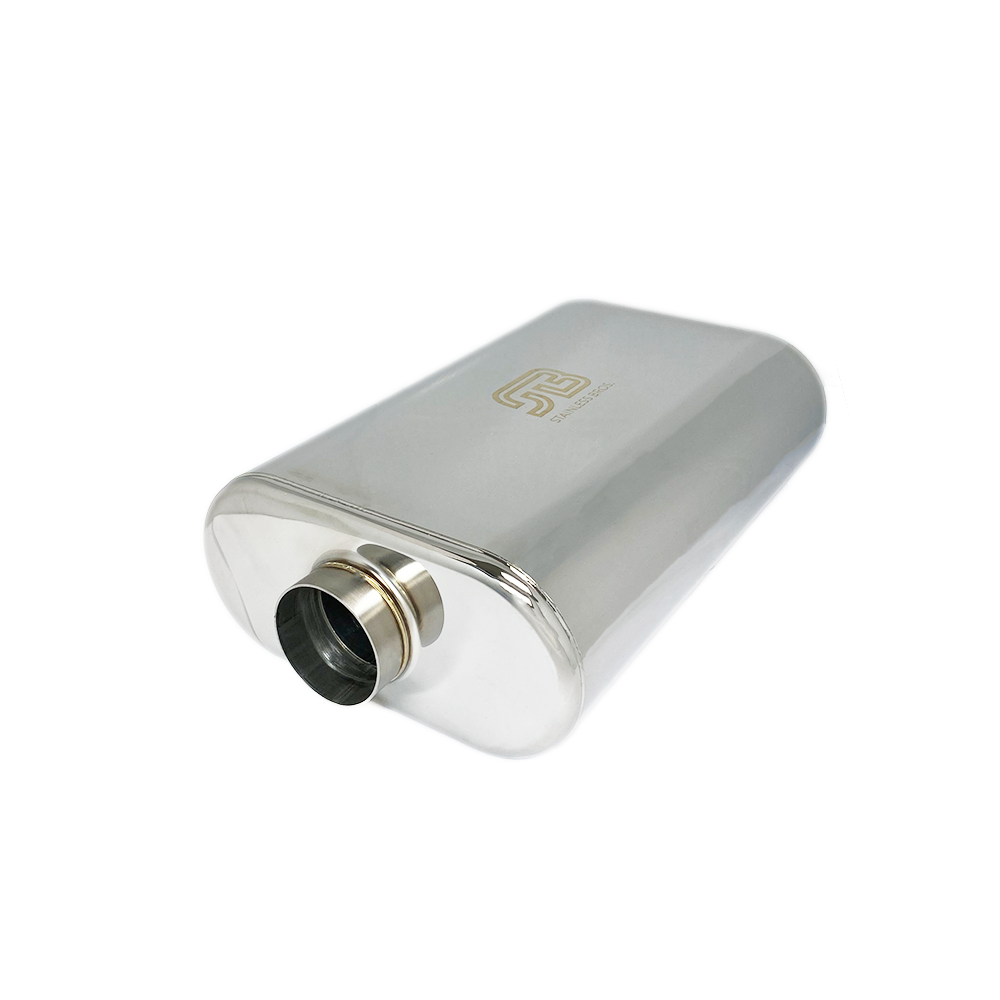 Stainless Bros 3in Thin Oval SS304 Muffler 3in Center In/3in Offset Out - 17in Overall Length